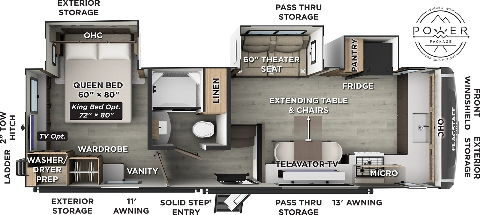 The Flagstaff Classic Fifth Wheels 290CFK floorplan has one entry and three slide outs. Exterior features include: fiberglass exterior and 11' & 13' awning. Interiors features include: front kitchen and rear bedroom.